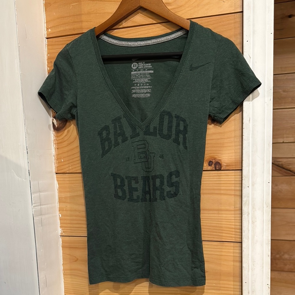 Baylor Bears BU Nike Slim Fit Deep V Neck XS Extra Small T Shirt Tee Green